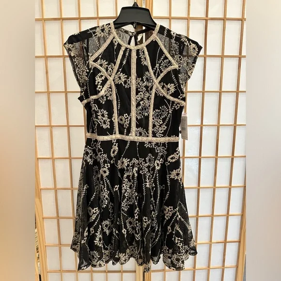 free people black and gold dress Free People Dresses | Nwt Free People Black Mini Dress Lace Gold Embroidery Size 6 | Color: Black/Gold | Size: 6